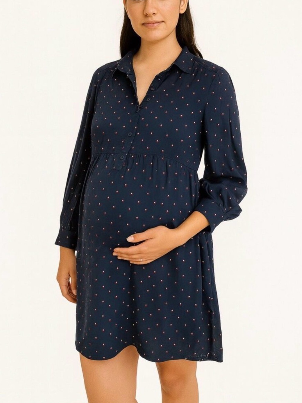 Hatch Navy Maternity Shirt Dress with Dot Print